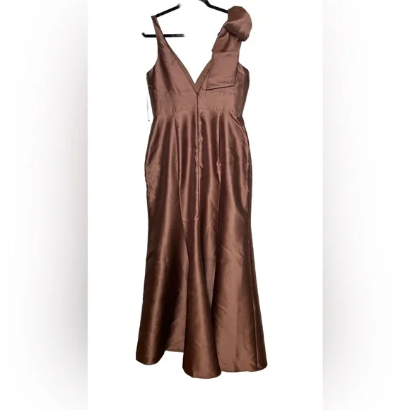NWT Alfred Sung Deep V-Back Satin Trumpet Dress, One-Shoulder Bow in Cognac, 12R - Picture 5 of 16